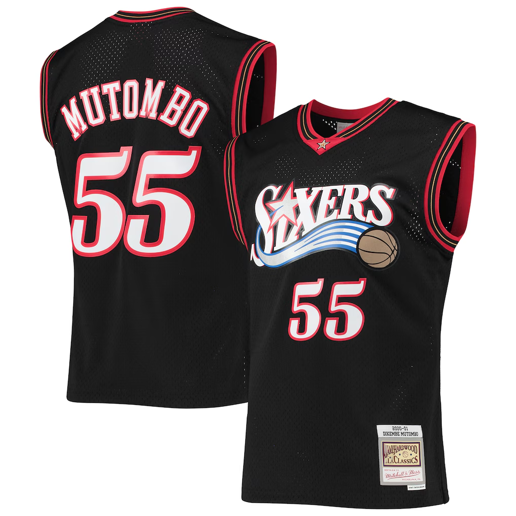 Choea P.76ers #55 Dikembe Mutombo Mitchell & Ness Black Hardwood Classics Swingman Jerseys