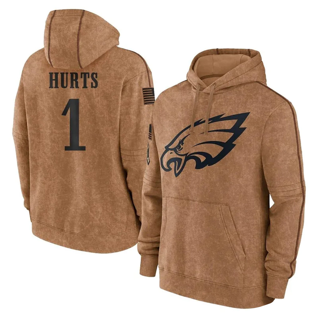 Choea P.Eagles #1 Jalen Hurts Player Brown Salute to Service Pullover Hoodies Limited Game Stitched Jerseys