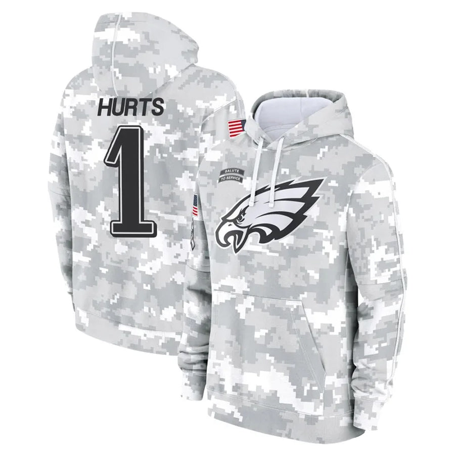 Choea P.Eagles #1 Jalen Hurts Player Military Hoodie Arctic Camo Salute To Service Stitched Jerseys