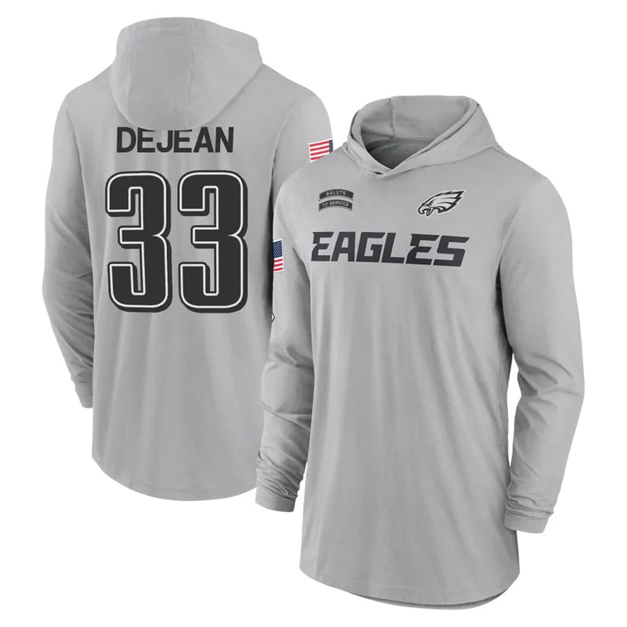 Choea P.Eagles #33 Cooper DeJean Player Military Hoodie Gray Salute To Service Stitched Jerseys