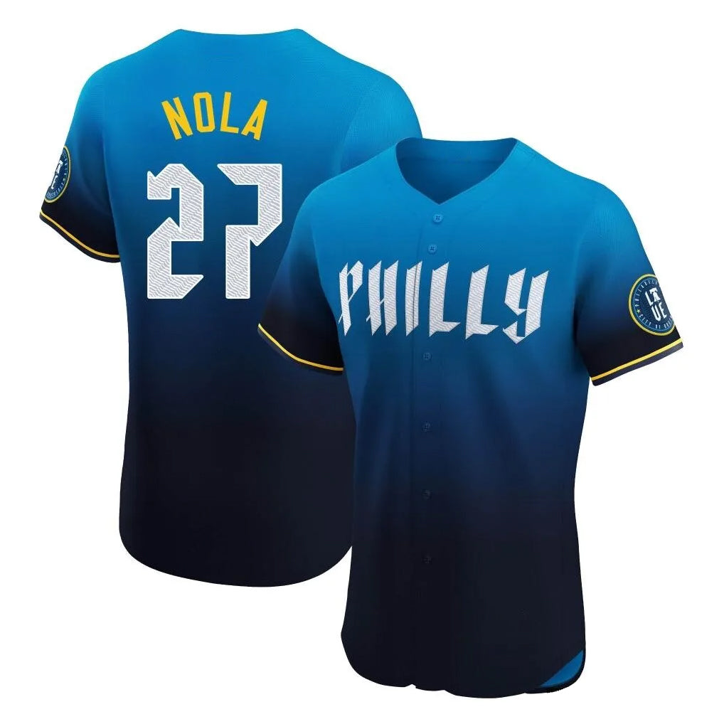 Choea P.Phillies #27 Aaron Nola Player Blue City Connect Home Limited Elite Stitched Jerseys