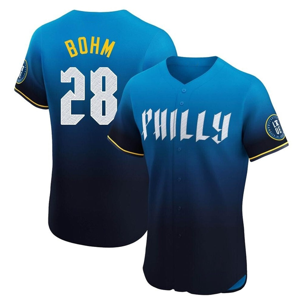Choea P.Phillies #28 Alec Bohm Player Blue City Connect Home Limited Elite Stitched Jerseys