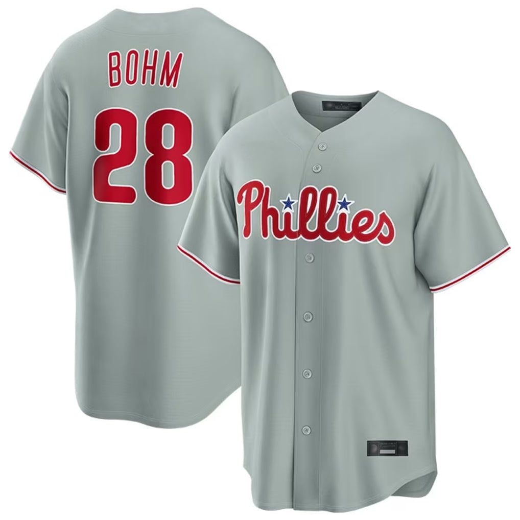 Choea P.Phillies #28 Alec Bohm Player Gray Home Game Stitched Jerseys
