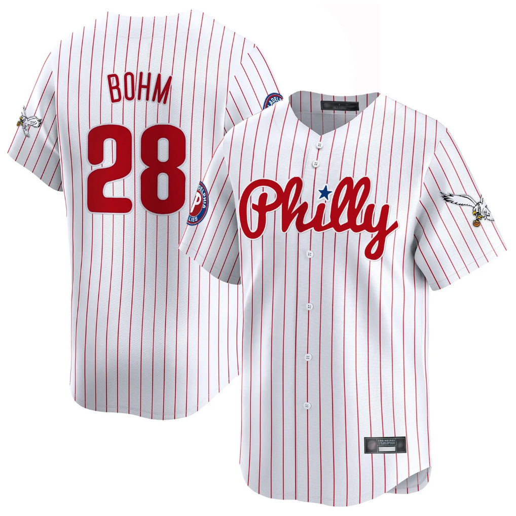 Choea P.Phillies #28 Alec Bohm Player White Pinstripe Phillies & Eagles Vapor Premier Limited Stitched Jerseys