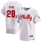 Choea P.Phillies #28 Alec Bohm Player White Pinstripe Phillies & Eagles Vapor Premier Limited Stitched Jerseys