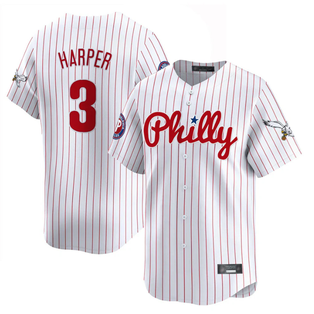 Choea P.Phillies #3 Bryce Harper Player White Pinstripe Phillies & Eagles Vapor Premier Limited Stitched Jerseys