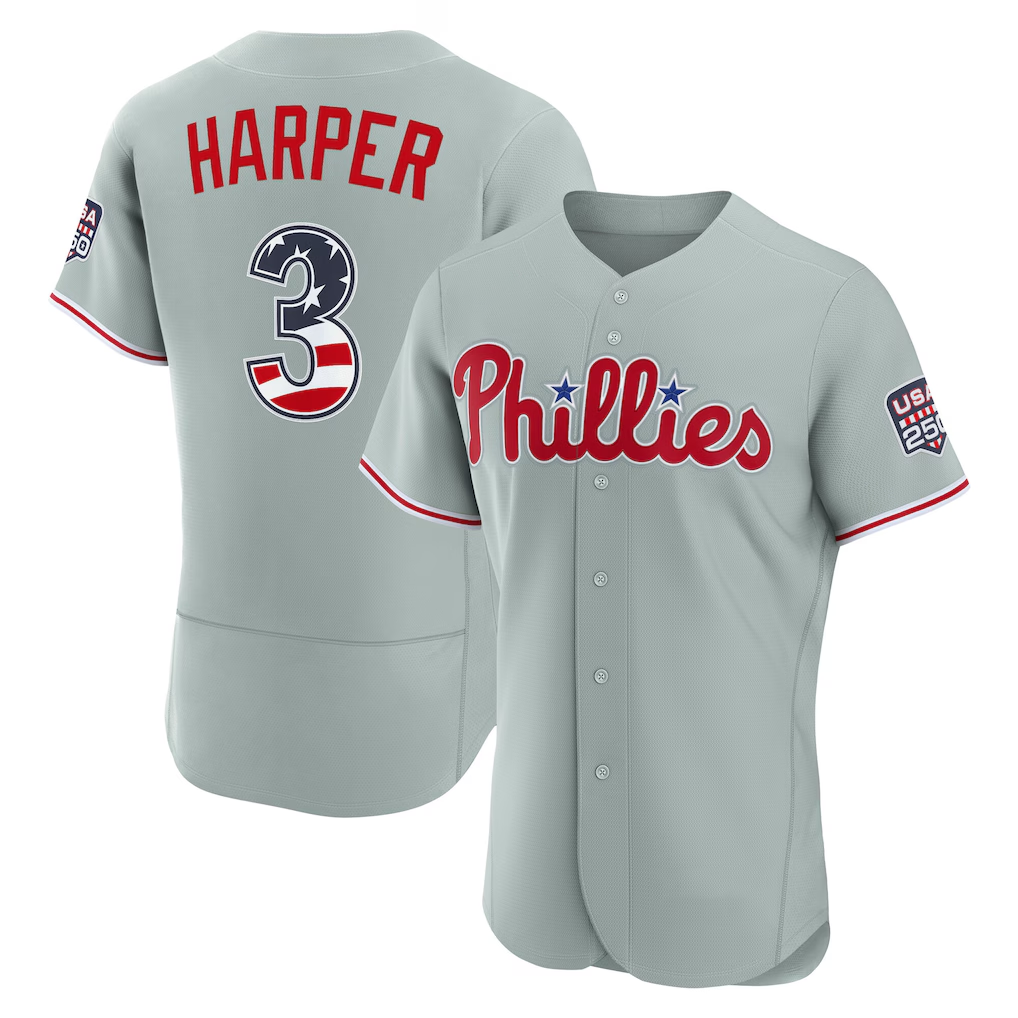 Choea PH.Phillies #3 Bryce Harper Gray USA 250 Fourth of July Road Authentic Jersey