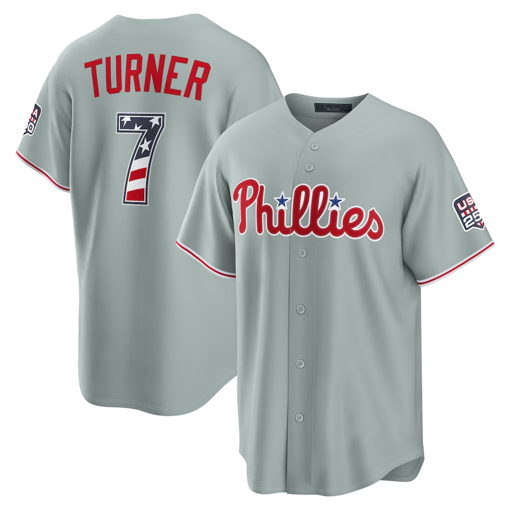 Choea PH.Phillies #7 Trea Turner Gray USA 250 Fourth of July Road Stadium Jersey