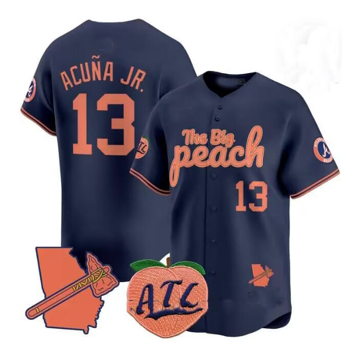 Choea A.Braves #13 Ronald Acuna Jr. NavyThe Big Peach Vapor Stitches Personalized Jersey