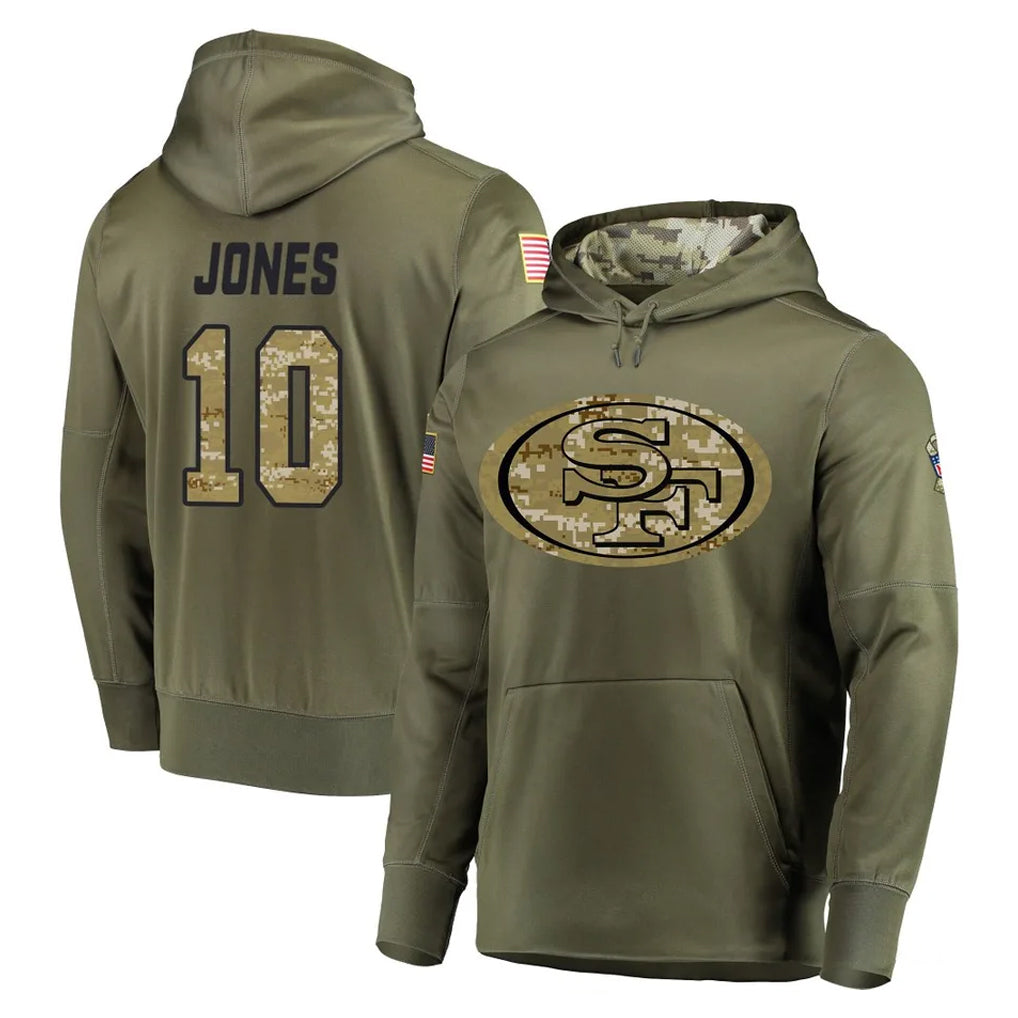 Choea SF.49ers #10 Mac Jones Player Olive Salute to Service Pullover Hoodie Home Game Stitched Jerseys