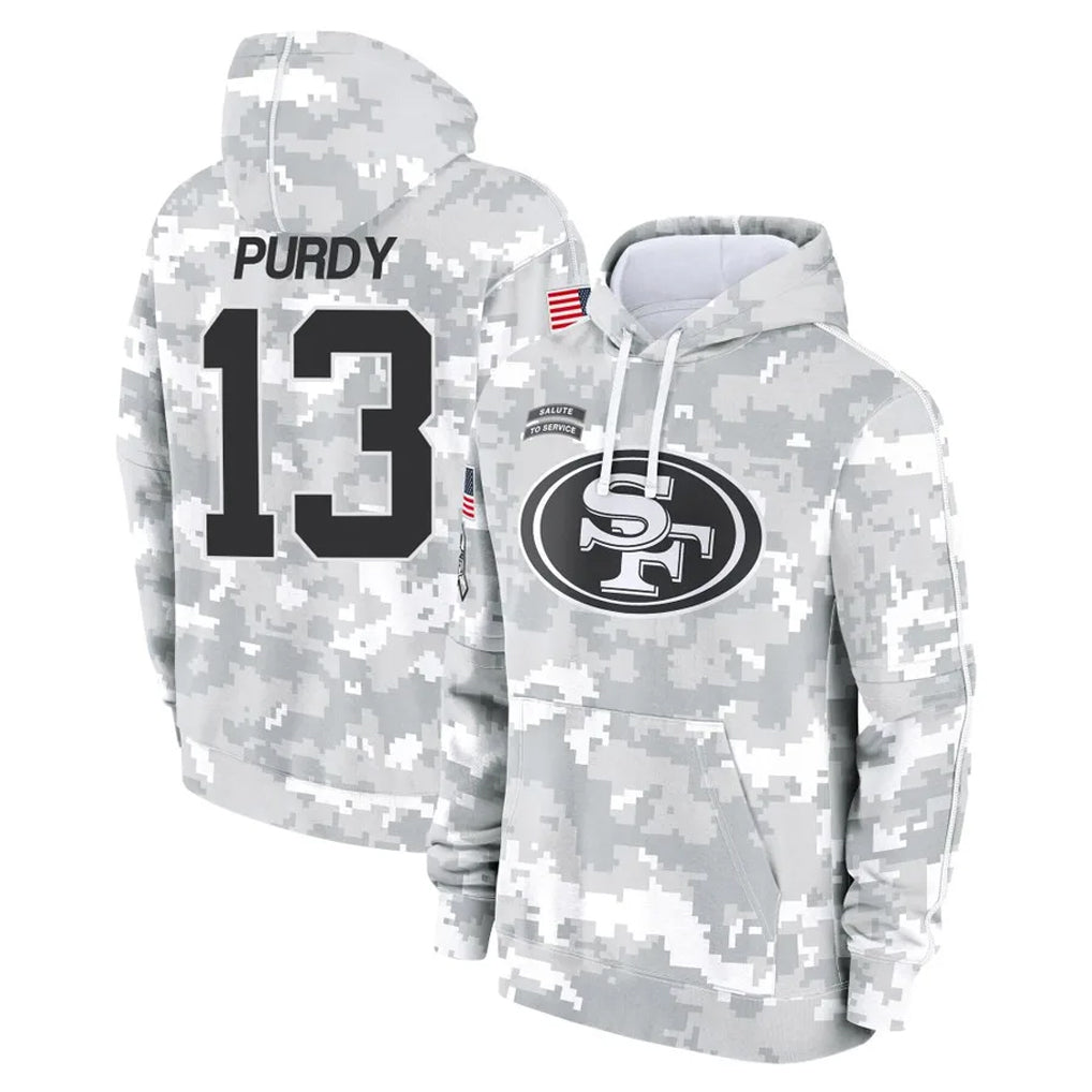 Choea SF.49ers #13 Brock Purdy Player Arctic Camo Limited Salute to Service Pullover Hoodies Game Stitched Jerseys