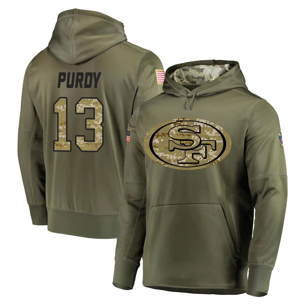 Choea SF.49ers #13 Brock Purdy Player Olive Salute to Service Pullover Hoodie Home Game Stitched Jerseys