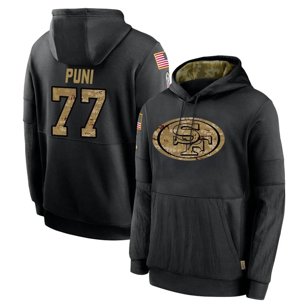 Choea SF.49ers #77 Dominick Puni Player Black Salute to Service Sideline Performance Pullover Hoodies Home Game Stitched Jerseys