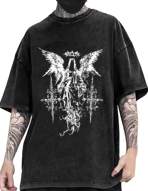 Cheap T-shirt Jerseys Vintage Acid Washed Black Gothic Angel Print Oversized Streetwear Cotton Crewneck Casual Short Sleeve T-Shirt For Men