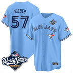 Choea T.Blue Jays #57 Shane Bieber Player Blue 2025 World Series All Stitched Jerseys