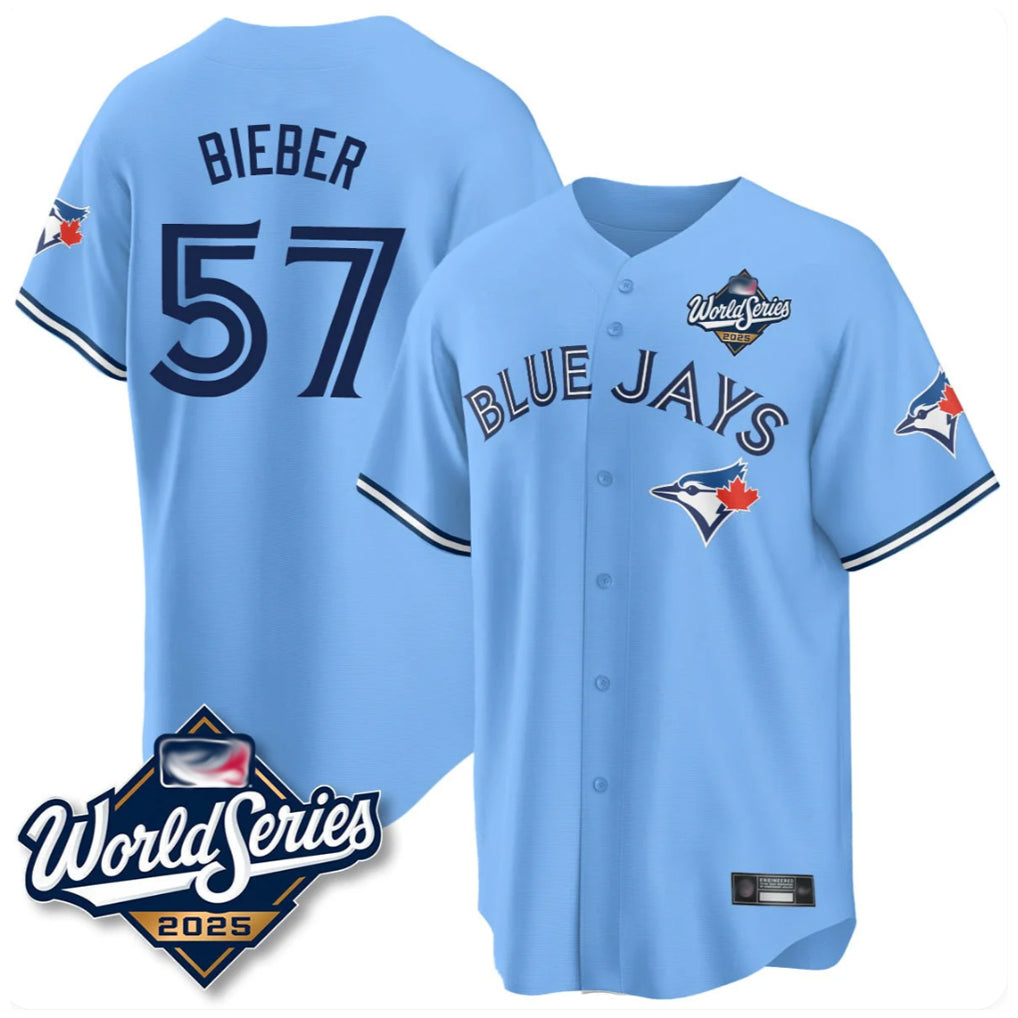 Choea T.Blue Jays #57 Shane Bieber Player Blue 2025 World Series All Stitched Jerseys