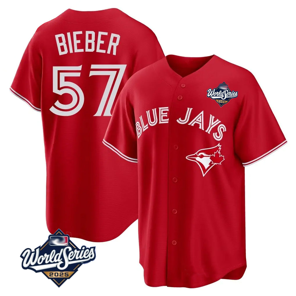 Choea T.Blue Jays #57 Shane Bieber Player Red 2025 World Series All Stitched Jerseys
