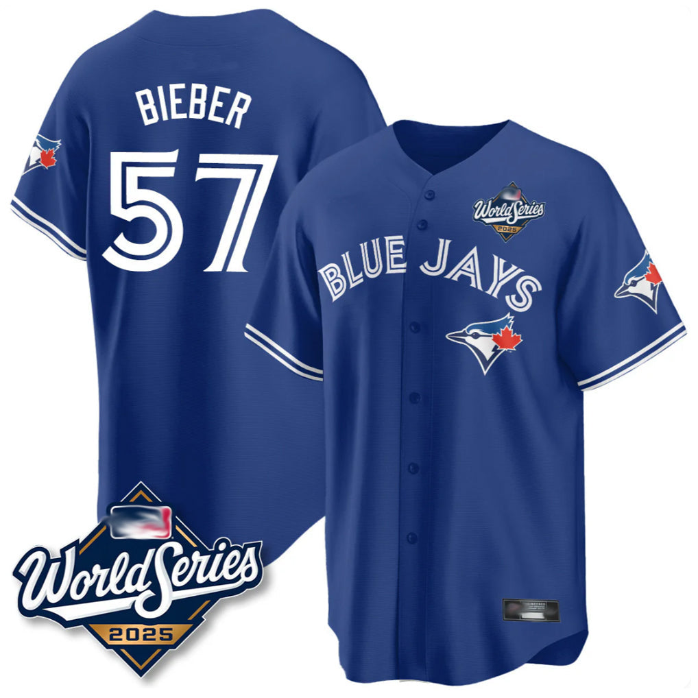 Choea T.Blue Jays #57 Shane Bieber Player Royal 2025 World Series All Stitched Jerseys