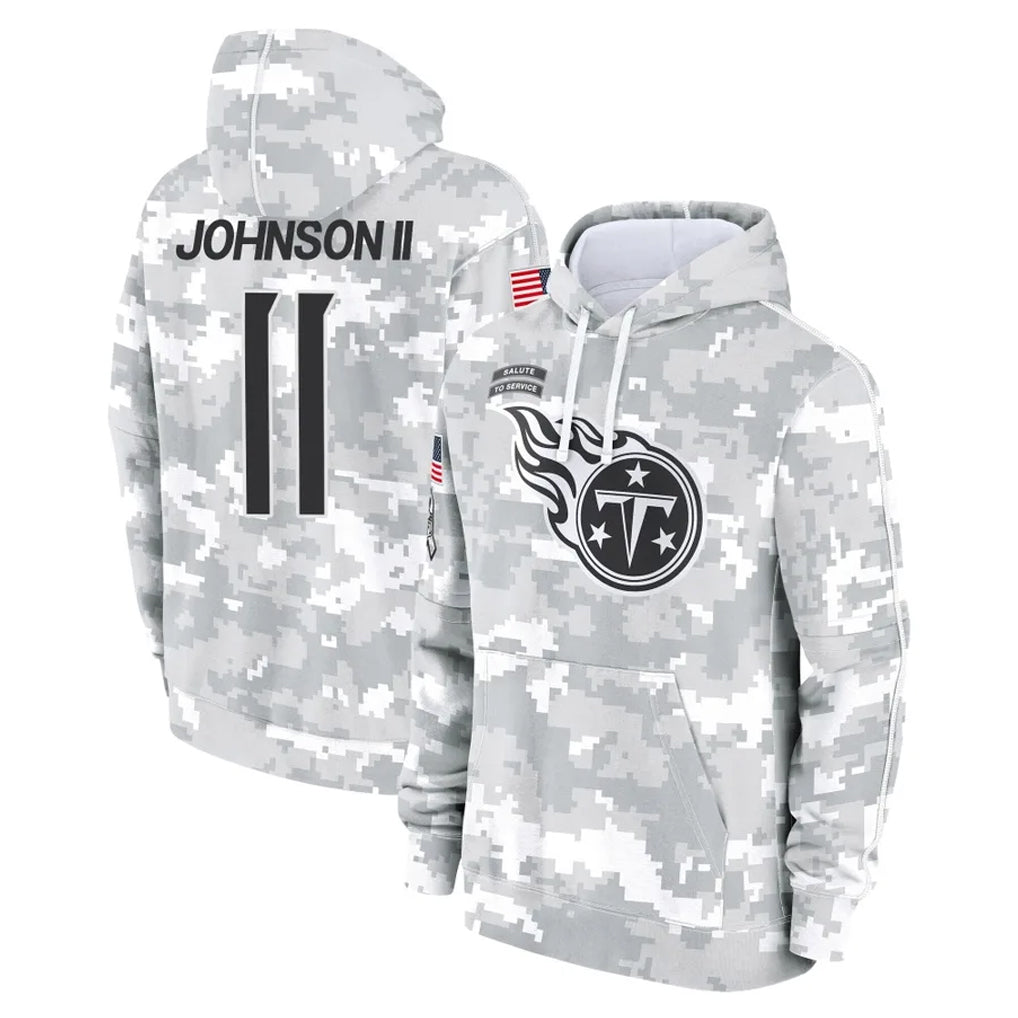 Choea T.Titans #11 Jermaine Johnson II Player Camo Arctic Salute to Service Pullover Hoodies Home Game Stitched Jerseys