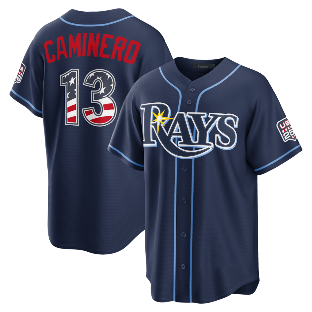Choea TB.Rays #13 Junior Caminero Navy USA 250 Fourth of July Road Stadium Jersey