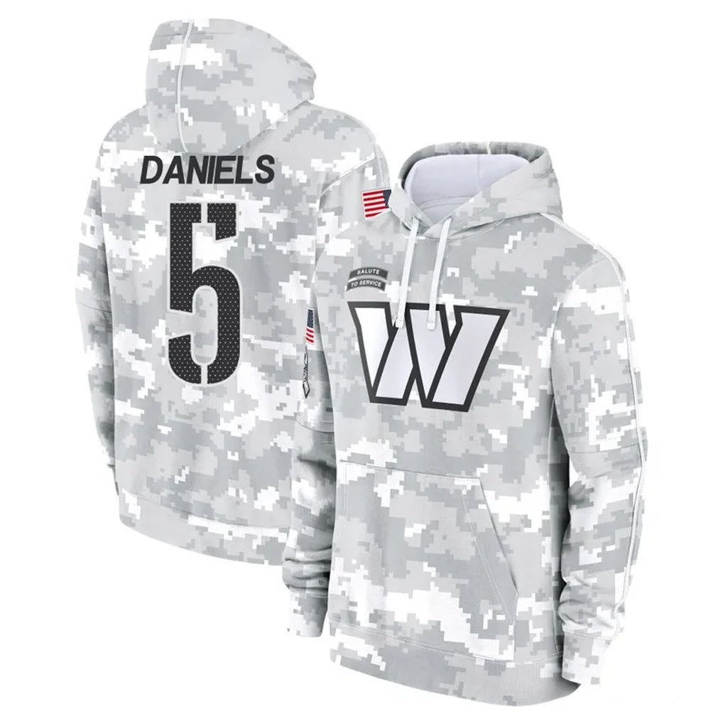 Choea W.Commanders #5 Jayden Daniels Player Arctic Camo Limited Salute to Service Pullover Hoodies Game Stitched Jerseys