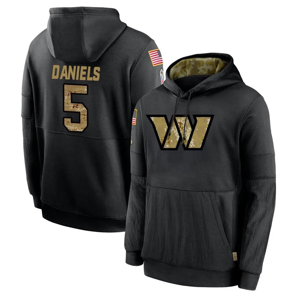 Choea W.Commanders #5 Jayden Daniels Player Black Salute to Service Performance Pullover Hoodies Home Game Stitched Jerseys