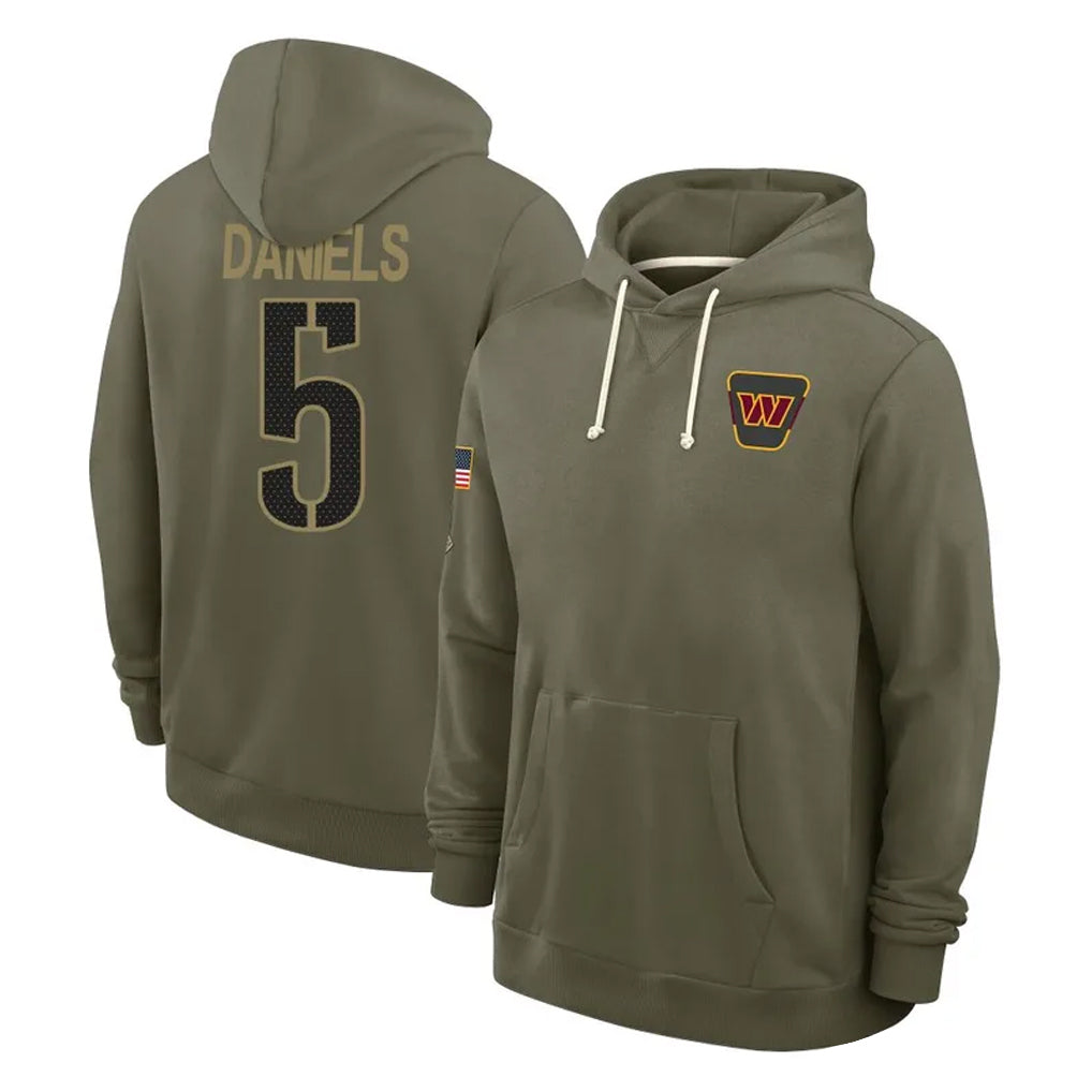 Choea W.Commanders #5 Jayden Daniels Player Olive Salute to Service Pullover Hoodies Limited Home Stitched Jerseys