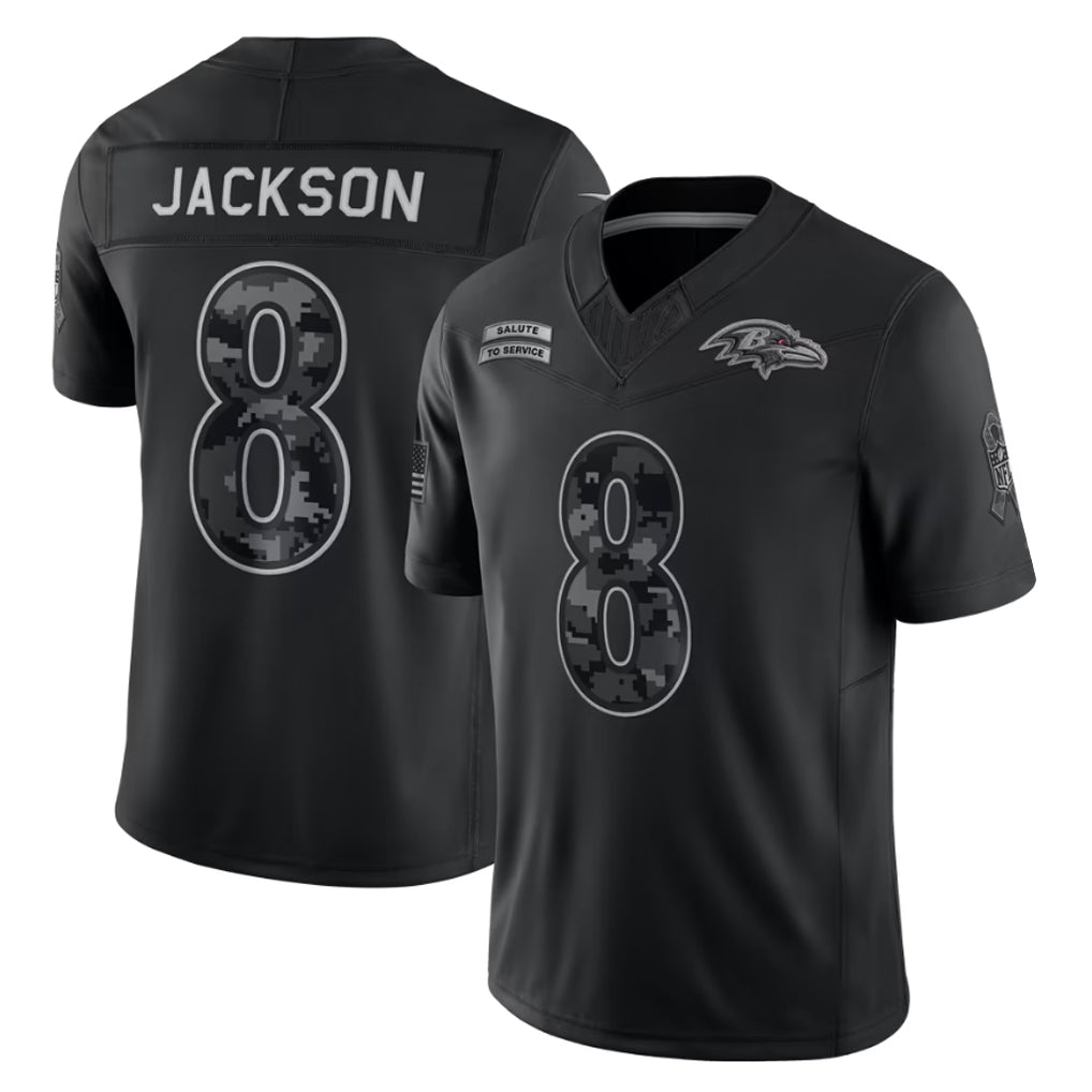 Choea B.Ravens #8 Lamar Jackson Player Black Limited 2026 Salute to Service Home Game Stitched Jerseys